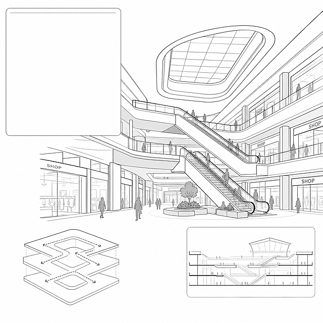 简笔画风格的商场空间设计插图，线条简洁，构图干净，展示现代商场室内空间结构，适合放在设计说明旁边