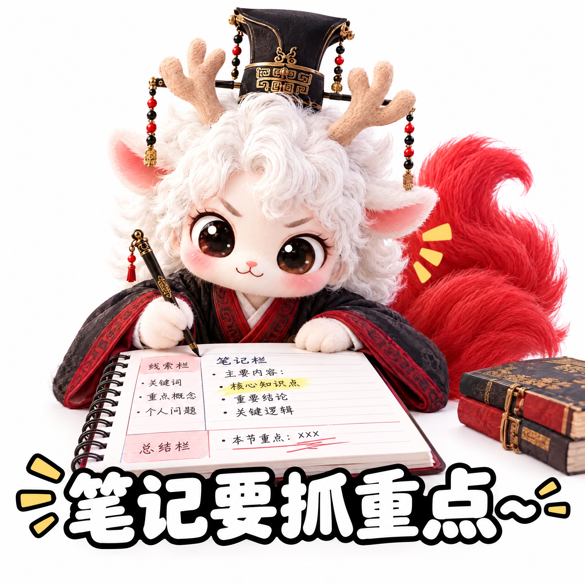 参考图中的白色鹿角人形神兽（穿黑红汉服、戴高冠），做成可爱表情… - 图片创意预览