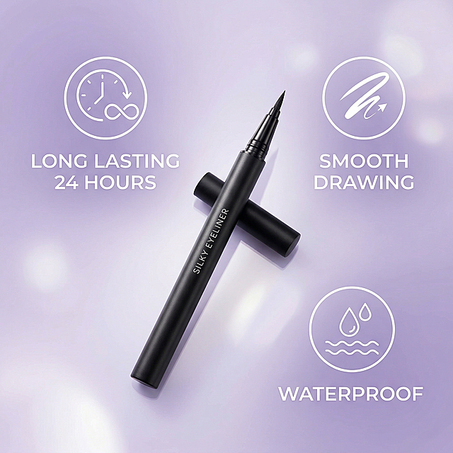 [Feature Image 3] Eyeliner product placed center, three core selling points with simple icons around: "Long Lasting 24 Hours", "Smooth Drawing", "Waterproof", each selling point with a minimalist line icon, clean light purple gradient background, soft light, all texts in English, text size is layered, do not block the product, style consistent with the whole set.