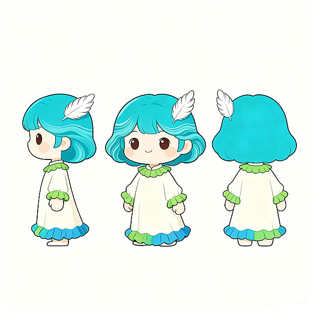 生成这个卡通IP女孩的三视图，包含正面、侧面和背面，保持原有的扁平插画风格，相同蓝绿色短发、白色羽毛装饰、米白色带绿色荷叶边连衣裙的造型设计