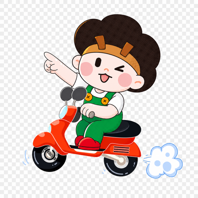 将图片背景改为透明，保留IP人物骑电动车的所有内容，输出透明底PNG格式预览效果