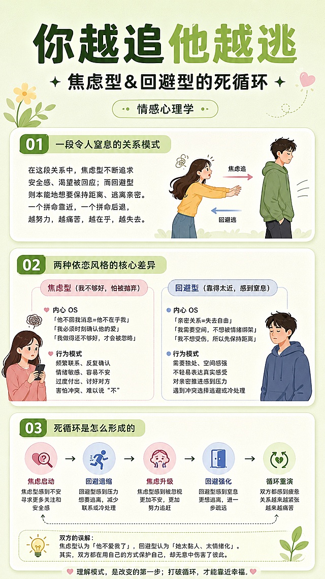 情感科普海报，简约清新科普风格，参考原图的浅绿色背景和圆角卡片分区排版，主标题"你越追他越逃"，副标题"焦虑型&回避型的死循环"，装饰文案"情感心理学"，分四个信息卡片区域：1.【一段令人窒息的关系模式】简述焦虑追、回避逃的互动；2.【两种依恋风格的核心差异】分别说明焦虑型和回避型的内心OS与行为模式；3.【死循环是怎么形成的】解析循环过程和双方误解。版式精美，分区清晰，文字全部清晰可读，配色柔和舒适，9:16竖版。