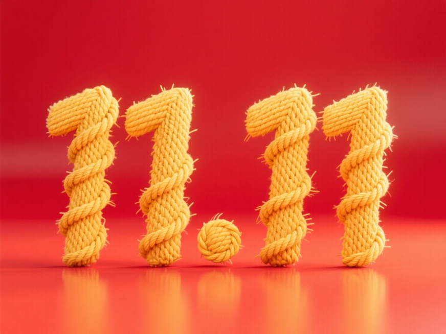 “11.11” 织物风格卡通字体，以黄色线缠绕结构，多层布纹扭动如纺织机编织，搭配织布纹理与麻绳图层，手工质感强烈，红色背景。预览效果