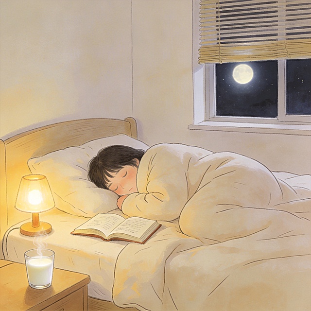 早睡健康习惯主题手绘插画，展示22:30前准备入睡的温馨卧室场景，传递早睡早起的健康作息观念，手绘插画风格，温暖柔和，画面无任何文字