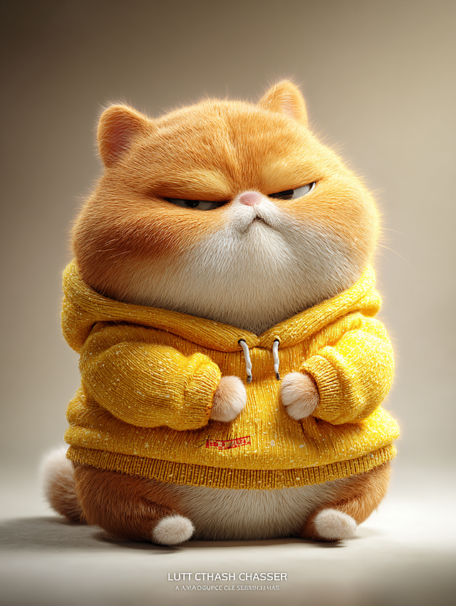 Prompt:
Front view full body shot, a cute chubby orange tabby cat, flat face, round cheeks, anthropomorphic pose, sitting lazily, wearing a yellow texture-rich cotton hoodie, paws resting on belly, arrogant and disdainful expression, half-closed eyes, Chinese 3D Donghua style (国漫风格), Light Chaser Animation style (追光动画风格), style of "White Snake: Origin", Unreal Engine 5 render, finely detailed fur simulation, ethereal lighting, volumetric fog, subsurface scattering, 8k, best quality --ar 3:4 --v 6.0 --no disney, pixar, western cartoon, plastic, clay