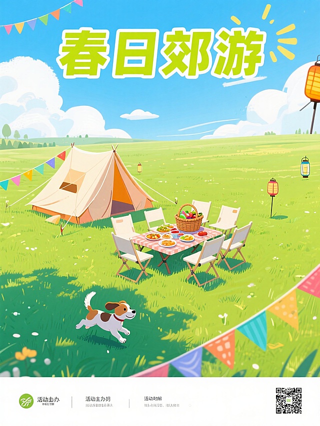 春日郊游插画，清新卡通风格，可爱小狗奔跑，舒适野餐氛围。