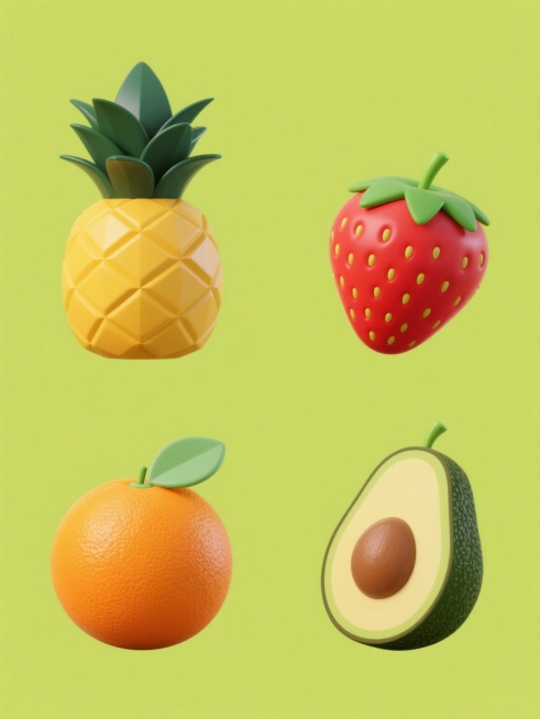 系列水果集合海报，4个不同水果（菠萝、草莓、橙子、牛油果），每个水果保持3D立体风格，光滑的哑光材质，饱满的几何切面造型，高饱和度纯色背景，菠萝为明黄色配深绿色叶子，草莓为亮红色配绿色叶子，橙子为橙色配浅绿色叶子，牛油果为深绿色配浅绿色果蒂，统一居中构图，规整排布成2x2网格，整体画面简洁明快，色彩鲜明对比，具有现代设计感和视觉冲击力预览效果