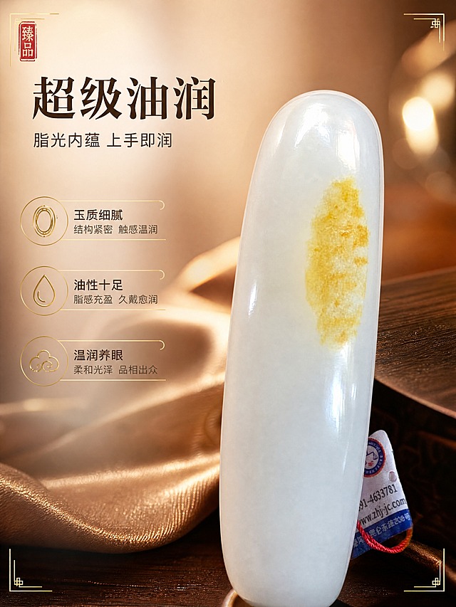 [商品] 使用【图2】玉镯侧面特写：保留弧形外壁、暖白乳白玉色、金黄皮色与红绳，强化由内而外的脂光油润感、玉面细腻平整，不改变结构颜色。
[画面] 微距质感型光感特写：玉镯侧面占据画面70%，置于深木色案台与暖色丝绸垫衬上，一道柔和顶光在玉面打出长条温润高光，背景虚化暖色光斑；文字区放左右侧留白，不遮挡玉体。
[视觉] 套系策略：风格=新中式高端珠宝商业摄影；标题字=端庄衬线宋体加粗；正文字=简洁无衬线体；主色=暖米白；背景延展=暖米白/浅驼麻布/原木色做深浅层级，细腻织物与岩石玉质肌理；强调色=鎏金色，仅用于细线框、引线、印章角标与局部光效；标题色=深墨棕；正文色=暖灰棕；组件=细金线信息卡、小篆印章角标、金色细引线；光影=柔和前侧暖光，温润不刺眼。
[文字] 主标题"超级油润"，副标题"脂光内蕴 上手即润"，3个信息点：玉质细腻、油性十足、温润养眼；文字横向排版，放画面左右留白。
[规格] 图片比例3:4竖版，分辨率4K；避免玉镯变形、玉色改变、皮色移位、错字、竖排文字、文字过小、水印、平台logo、冷蓝/蓝灰背景。