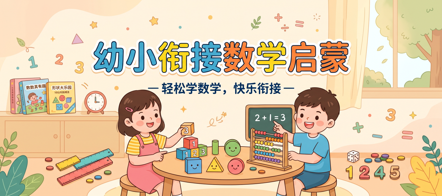 简约清新教育风格公众号封面，主题为幼小衔接数学启蒙，暖色调背景，包含卡通数学教具、儿童书本元素，标题文字清晰突出，适合育儿教育内容配图预览效果