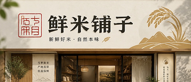 设计鲜米铺子加盟连锁品牌店铺招牌，强标签化简约风格，大乐之野自然文艺调性，视觉冲击力强，左上角保留提供的古风红色篆体"古稻"品牌LOGO，高清设计图