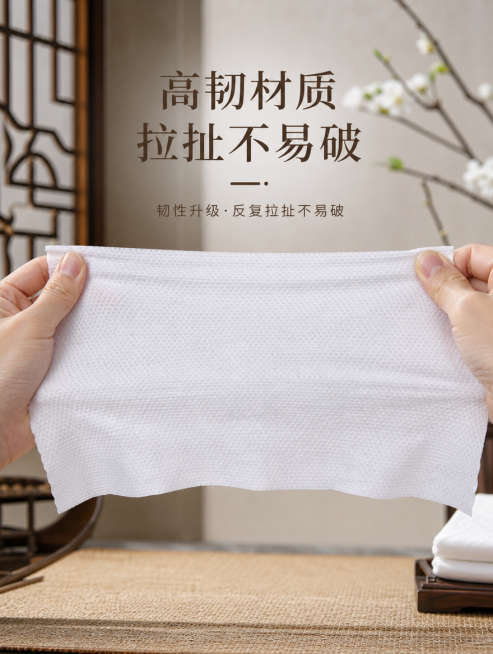 [第8屏] 韧性测试・拉扯不易破展示图。真人双手轻拉梦之灵洗脸巾两端，展示面料高韧性。布料拉扯后自然延展，无撕裂破洞。镜头聚焦布料受力位置，细节清晰。简约新中式背景，突出柔韧耐用特点，写实实拍风格，配预览效果