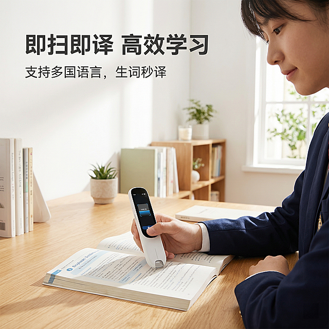 [主图 4] 点读笔使用体验展示
[主图主题] 学生场景使用体验
[氛围/风格] 生活化科技风，自然真实，和整套风格统一
[画面元素] 一个学生（亚洲面孔，高中生，校服穿搭）手拿着点读笔正在扫描书本上的英文单词，点读笔保持原图外观一致，书本摊开放在原木桌面上，背景为干净明亮的书房角落，柔和自然光，整体氛围自然温馨
[配色色系] 主色调：原木色+白色，浅暖灰色背景，自然柔和
[视角构图] 平视中近景，景深适中，突出点读笔使用状态
[文字版式] 主标题“即扫即译 高效学习”，副标题“支持多国语言，生词秒译”，字体为无衬线深灰色，悬浮排版在画面左上角留白处，不遮挡产品和人物。
[比例分辨率] 1:1 比例，2k分辨率，产品外观必须和原图保持100%一致
