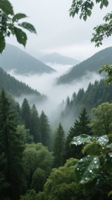 超写实摄影风格，俯瞰视角广角构图，山谷间山林晨雾弥漫，深邃翠绿与朦胧灰白为主色调，近景密集挺拔松与阔叶乔木细节丰富，中景薄雾半掩森林雾气轻盈缥缈，远景云雾中连绵山脉轮廓柔和，柔和漫反射光线，树叶表面高光细腻，雾气中微小水滴反射淡光呈体积光，湿润树叶带光泽展雨后清新质感，尽显自然和谐。预览效果