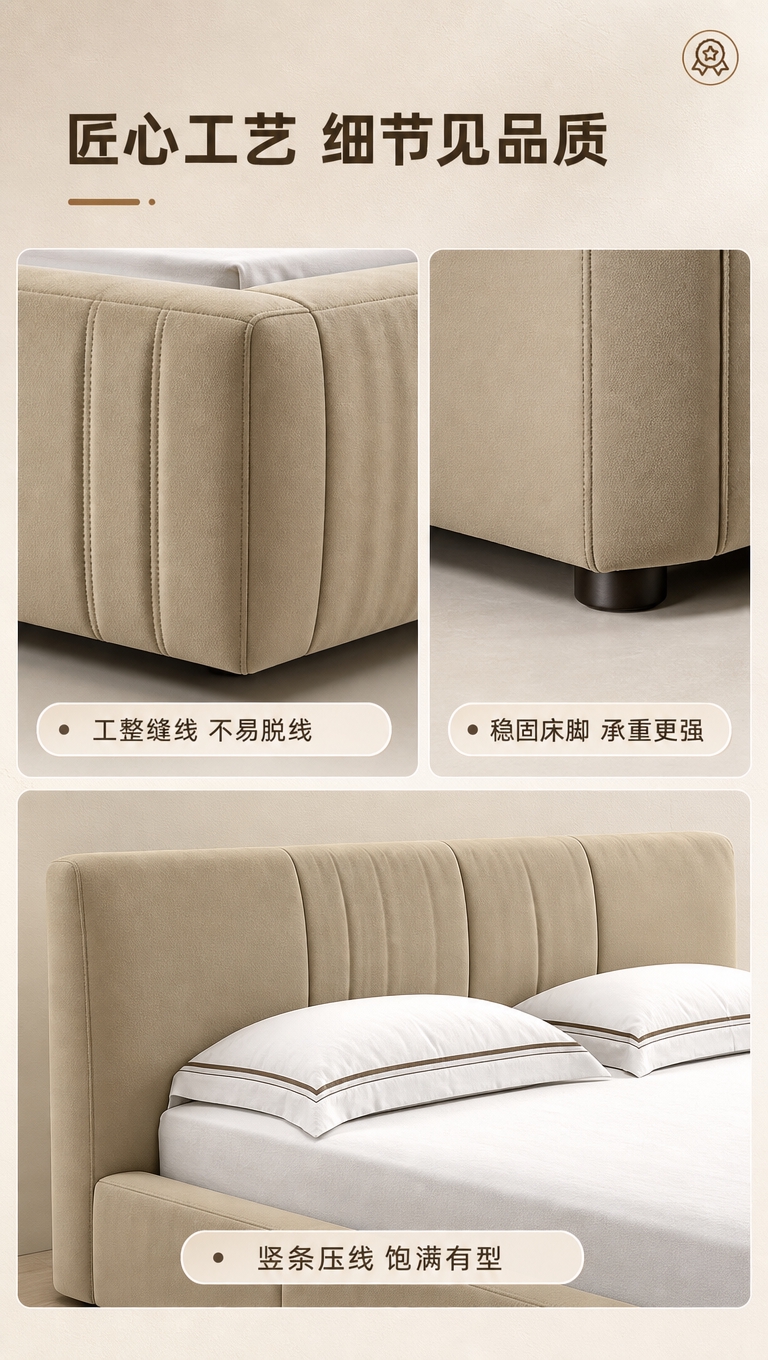 [商品] 使用【图1】卡其米色落地围边布艺软包床；保留科技布面… - 图片创意预览