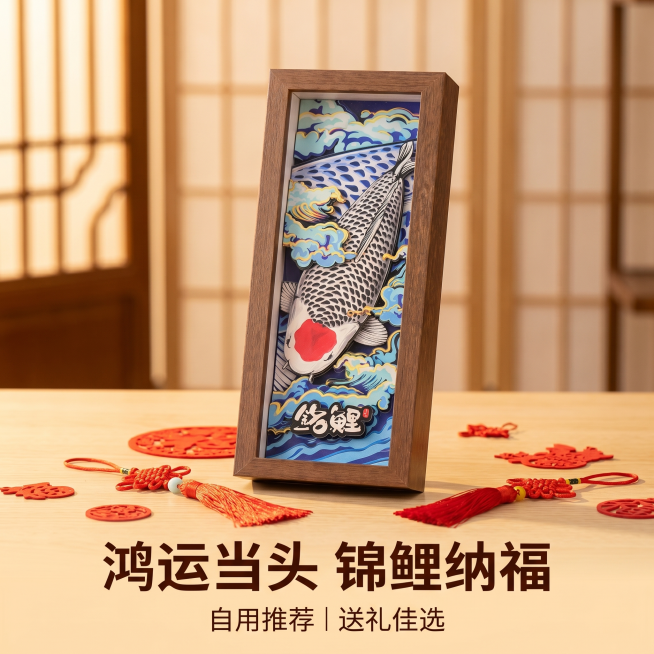 [主图 5] 产品寓意与选购建议，促进下单决策；
[氛围风格] 温馨喜庆国风氛围；
[画质] 商业摄影质感、光线柔和通透、产品清晰真实、画面干净高级。
[元素] 锦鲤剪纸摆件整体展示，周围点缀少量红色预览效果