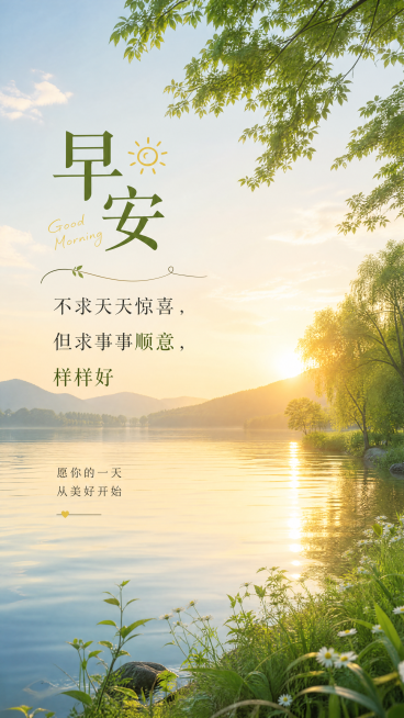 一张以平静湖面为主景的早安图，清晨阳光铺在湖面，波光粼粼，岸边绿植环绕，画面宁静治愈，清晰加入文案："不求天天惊喜，但求事事顺意，样样好"。风格淡雅简约，适合分享。预览效果