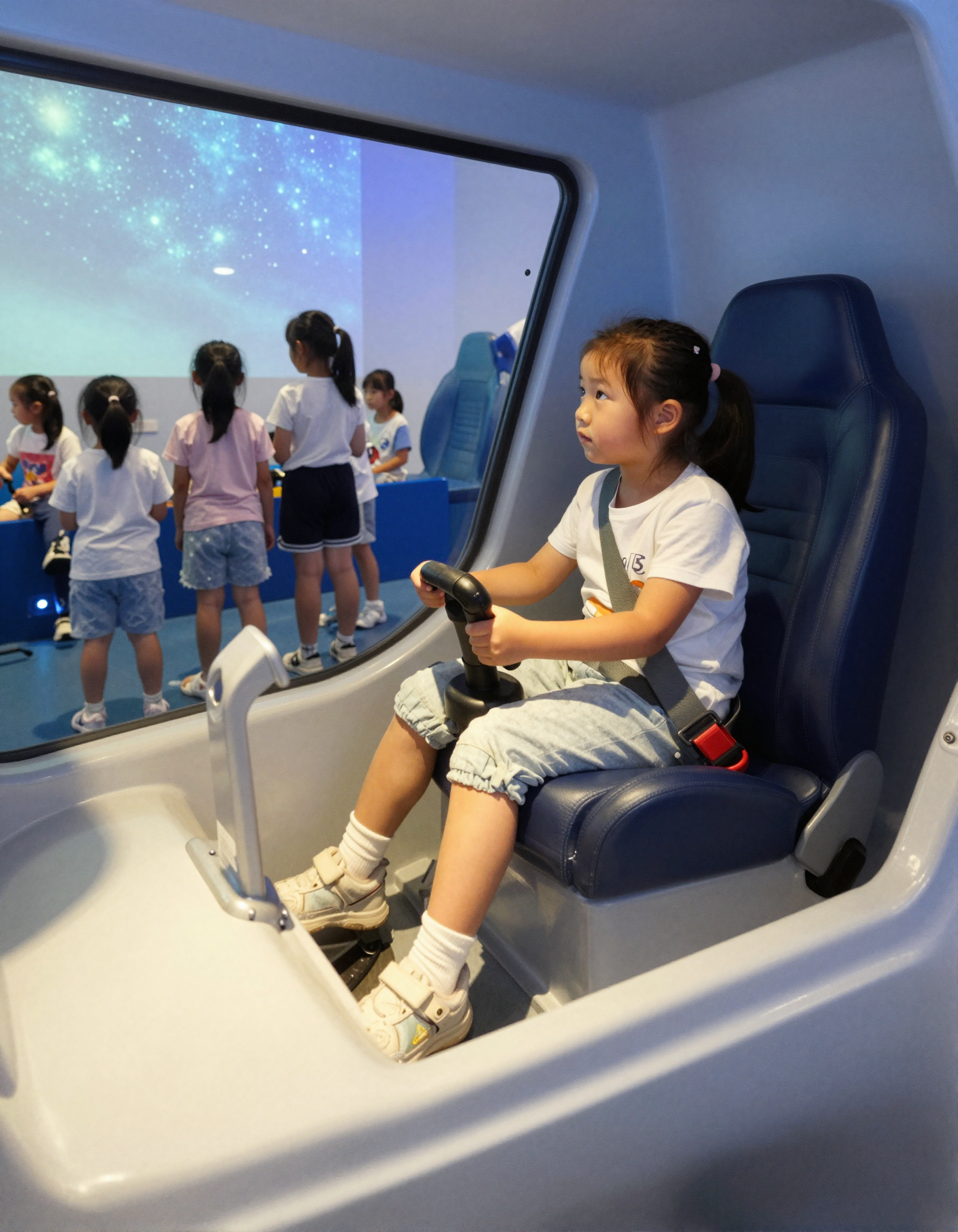 超写实室内摄影，上海儿童博物馆航天舱模拟区，一个5-10岁小女… - 图片创意预览