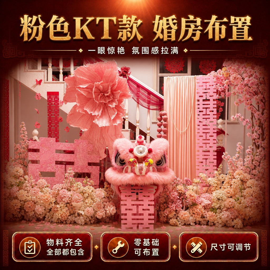 [商品] 使用【图1】粉色KT款婚房布置套装；保留粉色醒狮头、… - 图片创意预览