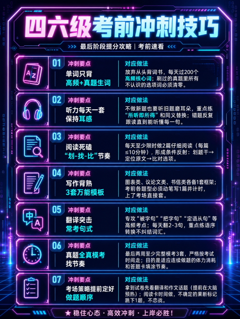 制作小红书图文，主标题"四六级考前冲刺技巧"，将图片中内容整理成清晰的备考冲刺要点和对应做法：单词只背高频+真题生词、听力每天一套保持耳感、阅读死磕"划-找-比"节奏、写作背熟3套万能模板、翻译突击常预览效果