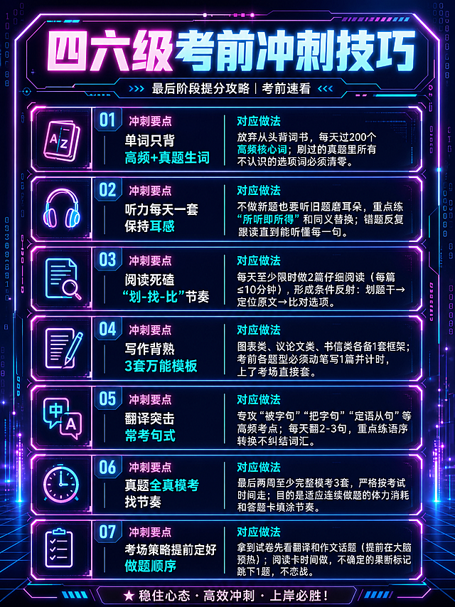 制作小红书图文，主标题"四六级考前冲刺技巧"，将图片中内容整理成清晰的备考冲刺要点和对应做法：单词只背高频+真题生词、听力每天一套保持耳感、阅读死磕"划-找-比"节奏、写作背熟3套万能模板、翻译突击常考句式、真题全真模考找节奏、考场策略提前定好做题顺序。整体风格为赛博朋克风，霓虹发光科技感，竖版构图，清晰排版文字内容