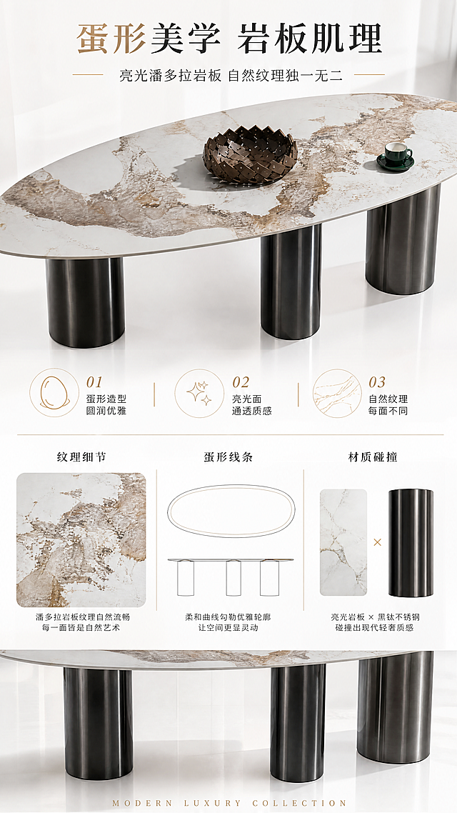 [第2张] 设计美学页-亮光潘多拉岩板蛋形餐桌设计叙事与纹理展示。本张使用【图1】作为商品主体。
[氛围/风格] 现代轻奢艺术感，亮色调，高级材质展示，商业摄影质感。
[元素布局] 画面上半部分为餐桌桌面俯视特写，展示亮光潘多拉岩板自然纹理与蛋形曲线轮廓，占比约50%；下半部分为设计理念展示区，有岩板纹理局部放大图、蛋形线条示意图、材质碰撞示意；保留三根不锈钢黑钛圆柱脚架的局部展示；产品结构、材质、颜色与输入图一致。
[光影质感] 顶部柔光均匀照射，岩板表面有细腻高光反射，金属脚架有明暗层次，整体明亮干净。
[配色色系] 全局底色 #FFFFFF 纯白亮调；主色岩板白棕纹理；辅助色黑钛金属深灰、浅米色；点缀色细金线。
[视角构图] 上俯视特写+下设计说明的上下分区构图，阅读动线从上至下。
[文字版式] 上文下图版式。顶部主标题「蛋形美学 岩板肌理」，副标题「亮光潘多拉岩板 自然纹理独一无二」；中部三个设计亮点图标+短句「01 蛋形造型 圆润优雅」「02 亮光面 通透质感」「03 自然纹理 每面不同」；底部英文小字「MODERN LUXURY COLLECTION」；文字清晰不遮挡桌面纹理。
[比例分辨率] 9:16竖版比例，4K分辨率，文字清晰可辨，高清画质。
[负向提示词] 桌面变形，纹理错乱，颜色偏差，水印，文字过小，产品结构错误，背景杂乱。