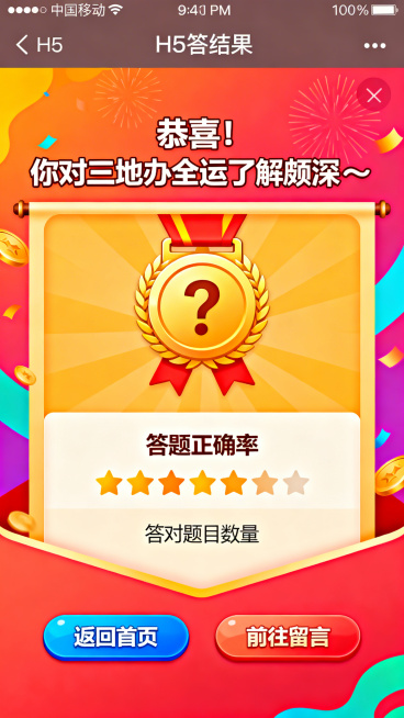 H5问答结果页，喜庆亮色背景，搭配问答勋章图标，页面显示答题正确率和答对题目数量，搭配文字"恭喜！你对三地办全运了解颇深～"，底部设置"返回首页"和"前往留言"两个按钮预览效果