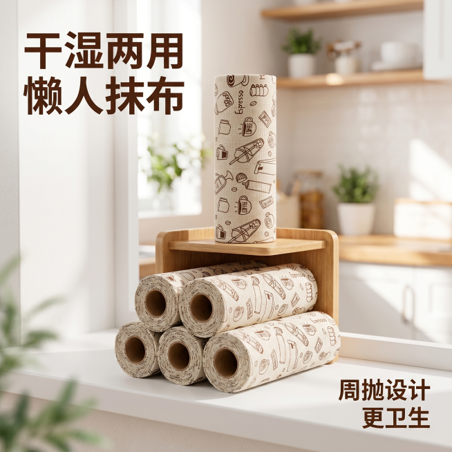 [主图 9] 木架收纳展示，氛围风格：整洁厨房收纳，美观实用；画质：商业摄影质感、光线柔和通透、产品清晰真实、画面干净高级。元素：原木架上竖直放置一卷咖啡印花周抛抹布，下方堆叠四卷横放，保持产品咖啡印预览效果