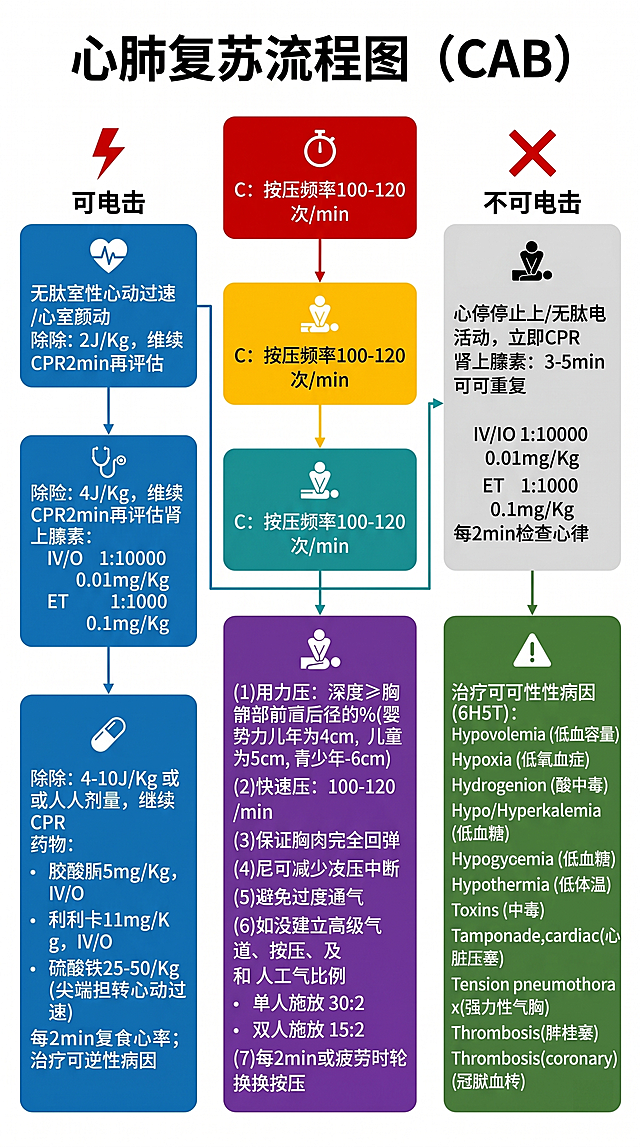 美化这张心肺复苏流程图，不改变原有的所有文字内容，调整为竖版海报尺寸，排版清晰美观，配色协调专业