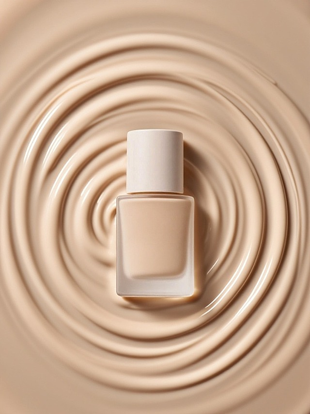以浅米色的粉底液液体为背景，液体呈现出自然的螺旋涟漪效果，营造出柔滑、细腻的质感