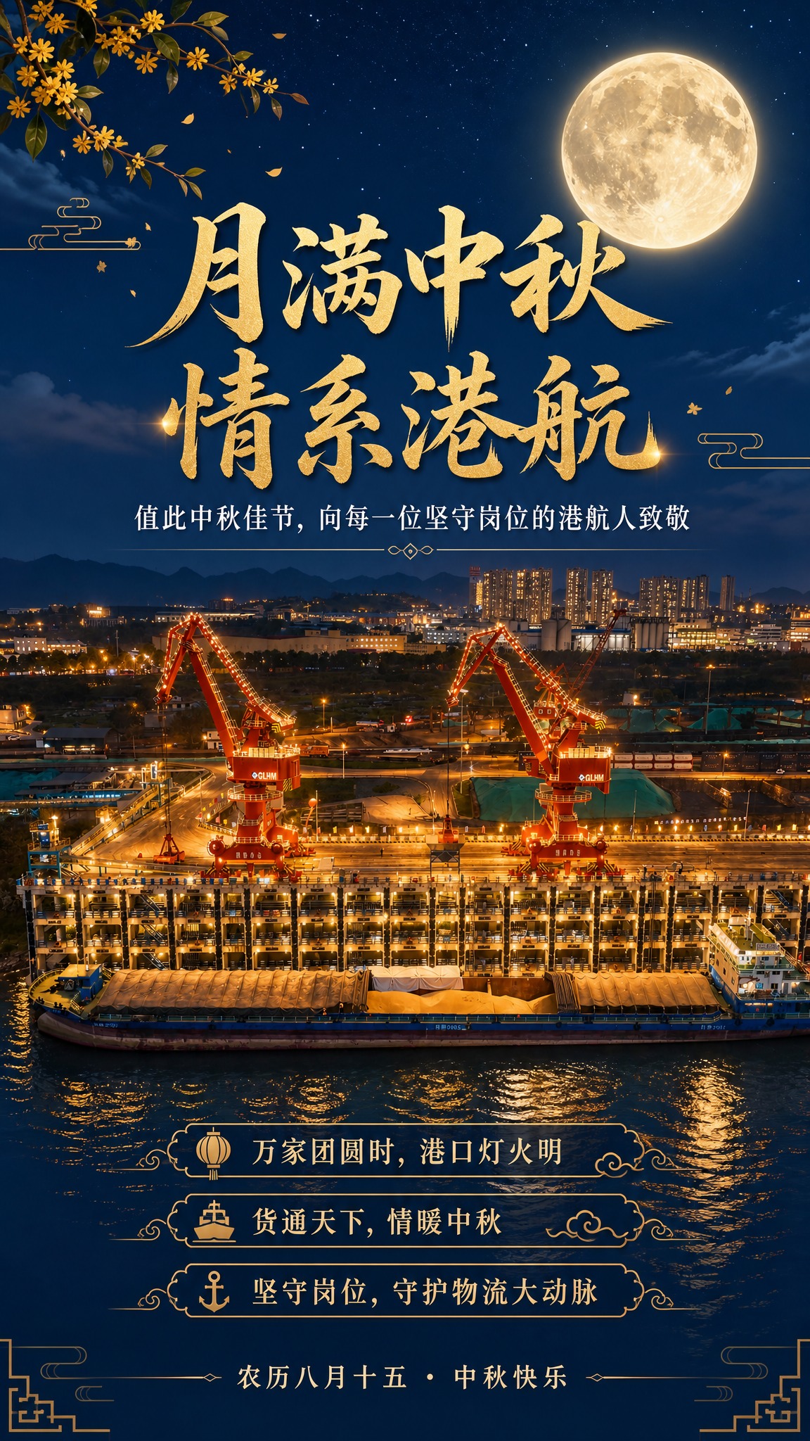 基于这张港口码头航拍图，制作一张中秋节微信公众号竖版宣传海报。… - 图片创意预览