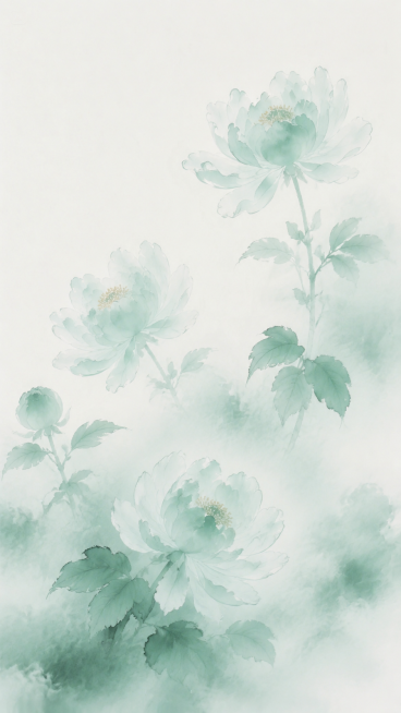 新中式水墨花卉，浅青绿色调，写意国画风格，淡雅空灵，花卉花枝，和参考图风格一致，不同的花卉布局构图预览效果