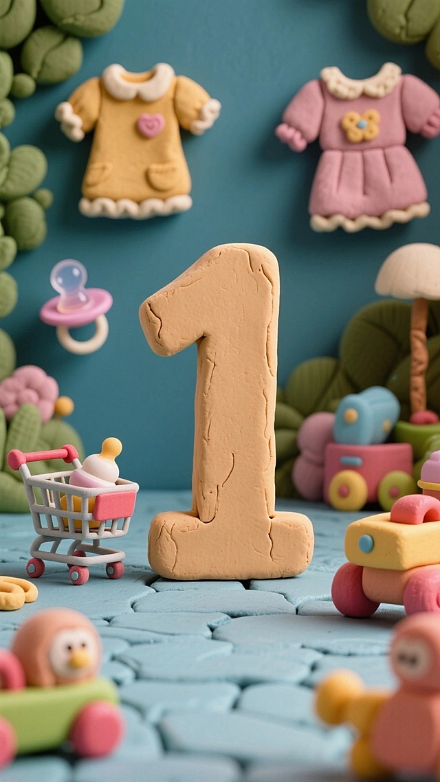 巨大的粘土风数字“1”，背景为服装、奶嘴、购物车、玩具组成的场景