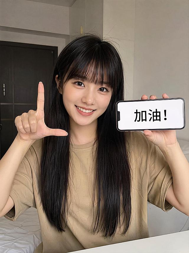 齐刘海黑长直年轻女生，身穿卡其色休闲短袖；左手举手机展示屏幕文字，右手比 L 手势，开心的笑容。背景普通居家房间,纪实接地气博主抓拍质感，高清实拍，8K