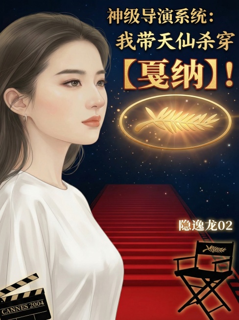 保留女主脸部，将女主服饰改为白色素淡礼服，背景改为深空蓝黑渐变，添加星光粒子和延伸的红毯，把金棕榈放大1.5倍悬浮发光置于【戛纳】！后方，添加黑色椅背带发光金棕榈标志的导演椅，添加带有金色字体"CAN预览效果