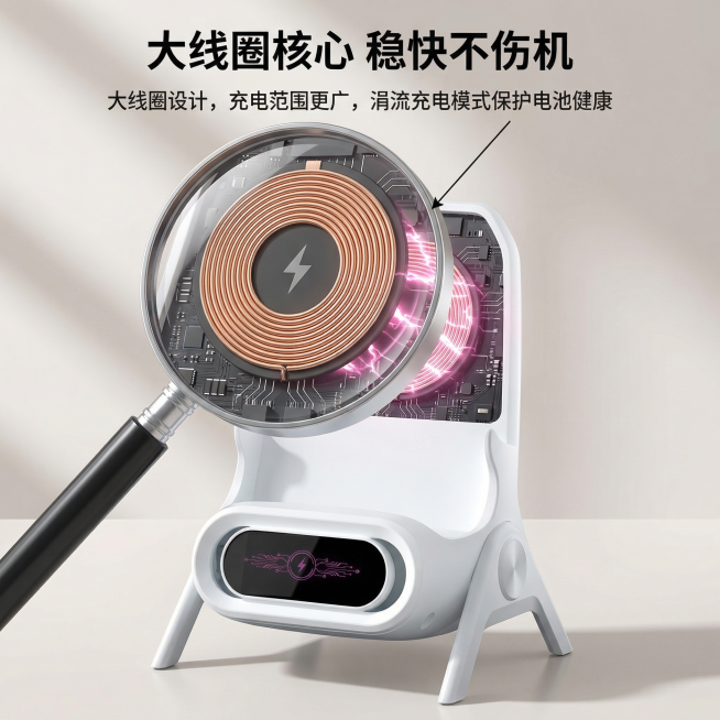 严格保留原产品椅子造型外观结构，和参考图完全一致，不能改变造型。主图3放大展示产品核心细节，对充电线圈区域做放大镜放大效果，展示大线圈设计；背景浅暖灰色调，柔和光影；顶部主标题“大线圈核心 稳快不伤机预览效果