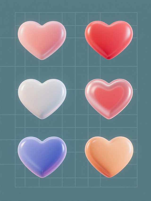六个不同颜色、不同设计样式的3D心形素材，以规整的网格状排布在纯色背景上，整体造型简约现代，心形具有明显的立体感和光滑的材质质感，无任何文字、logo及水印。