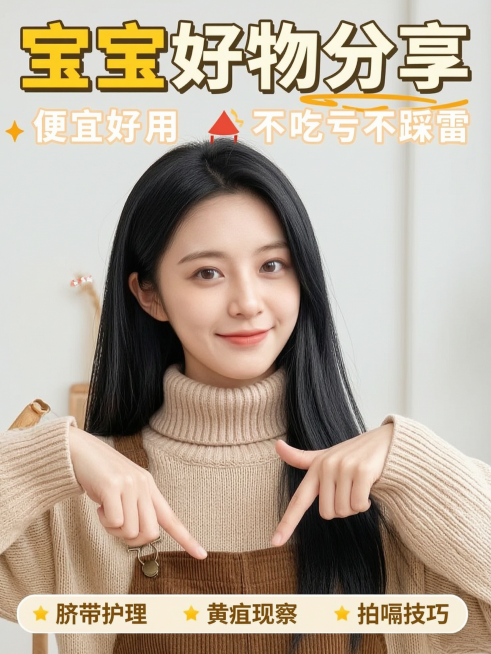 参考图片1、图片2、图片3的人物排版方式，制作小红书封面；人物使用图片4中的女士，保持人物主体特征不变；添加大标题"宝宝好物分享"，装饰文字"便宜好用"和"不吃亏不踩雷"；风格明亮干净欢快，柔和的自然预览效果