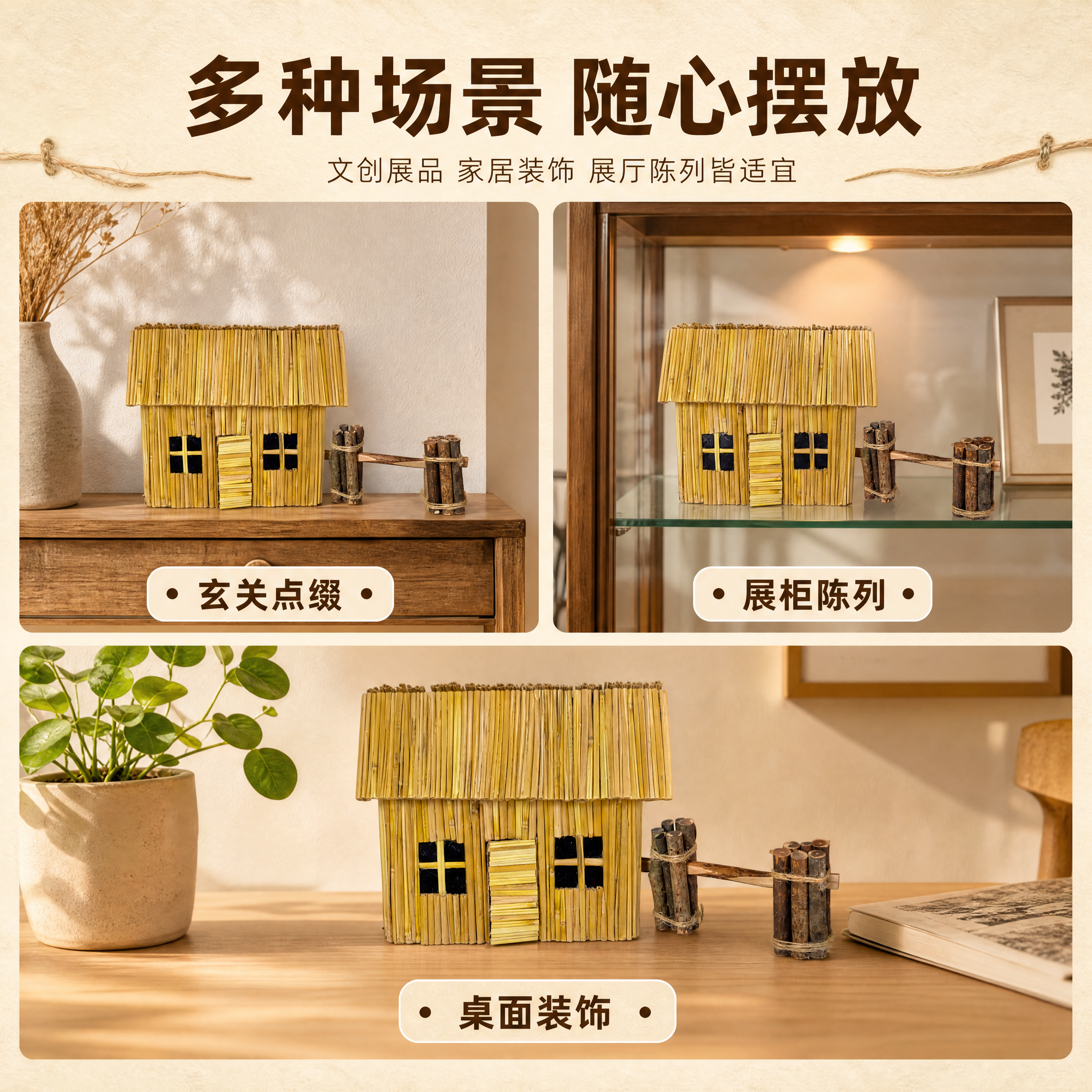 [商品] 使用【图1】【图4】迷你茅屋配小捆柴文创摆件；保留商… - 图片创意预览