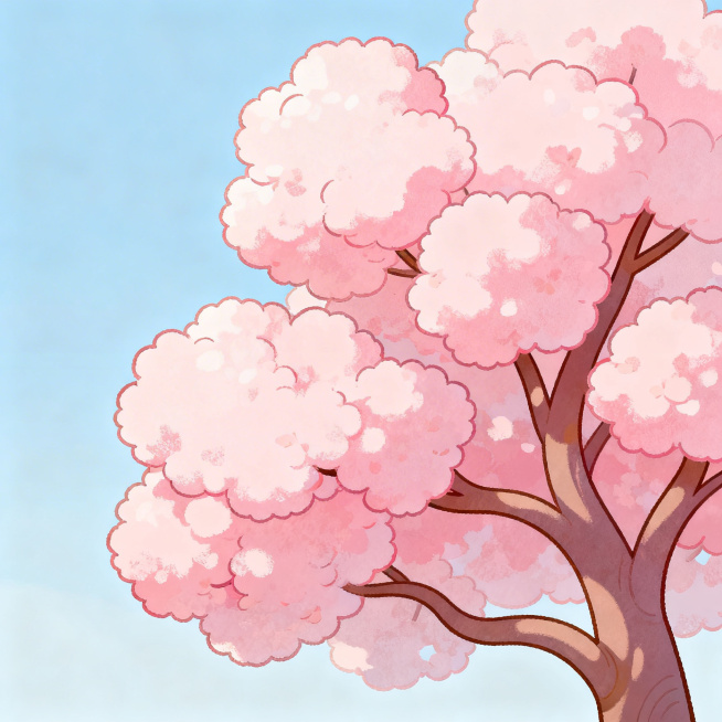一张卡通可爱风格的樱花树，粉色的樱花花瓣饱满蓬松，树枝弯曲柔和，整体画面清新甜美，色彩柔和明亮，背景干净清新，充满春日浪漫氛围预览效果