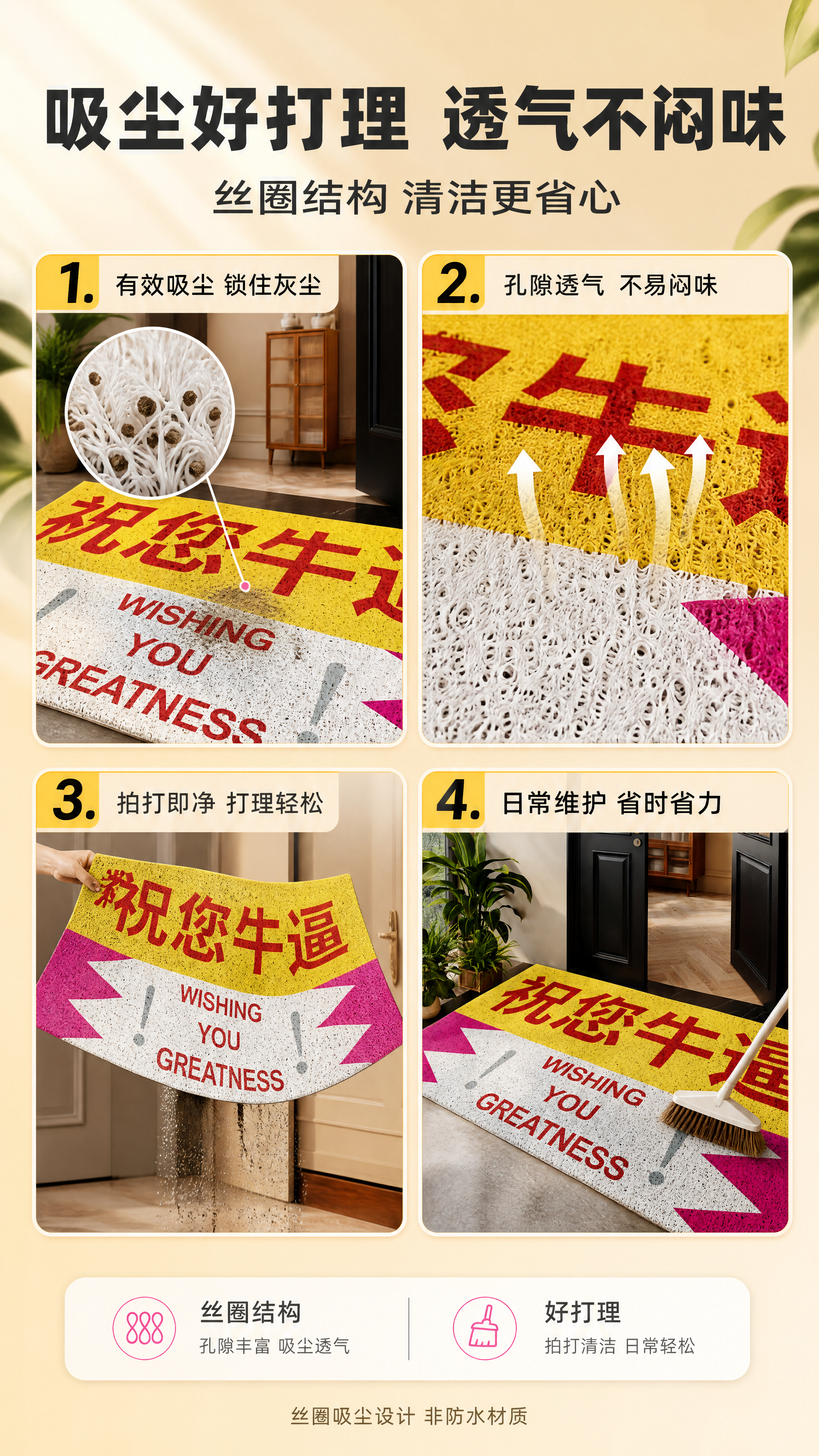 [商品] 使用【图1】黄白粉撞色"祝您牛逼"文字丝圈入户地垫；… - 图片创意预览