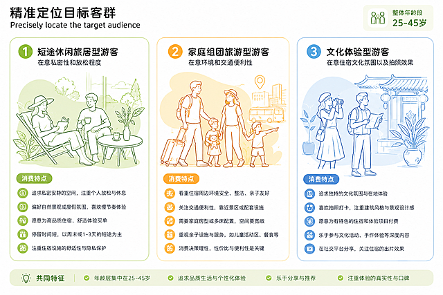 沿用参考图的简约线条插画信息图风格，重新制作目标客群分析图，标题为"精准定位目标客群 Precisely locate the target audience"，分为三类客群：1.短途休闲旅居型游客，在意私密性和放松程度；2.家庭组团旅游型游客，在意环境和交通便利性；3.文化体验型游客，在意住宿文化氛围以及拍照效果，整体年龄段在25-45岁，布局清晰，每个分类配对应插画和消费特点列表，整体配色清新明亮