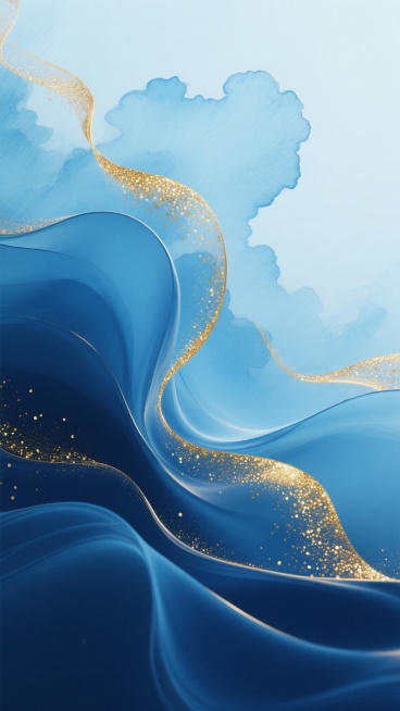 一张纵向构图的现代抽象流体艺术海报，以渐变的深海蓝与清澈的天蓝色为主色调，融合流动的金色波浪线条与金色闪光粒子，整体呈现出宁静而富有动感的氛围。画面下方是深蓝色的厚重流体，向上渐变为轻盈的浅蓝色云雾状纹理，金色曲线如丝带般穿梭于蓝色流体中，点缀着细碎的金色闪光点，营造出层次感与奢华质感。色彩过渡自然柔和，光影效果通透，具有水彩般的透明晕染与流动的液体质感，整体设计简洁而富有视觉冲击力，能快速传……预览效果
