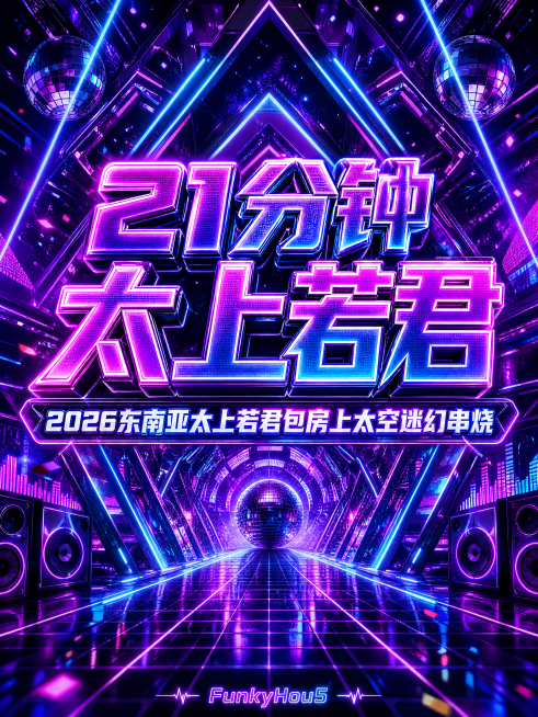 制作3:4比例的抖音视频封面，延续上一张迷幻霓虹赛博风格，紫蓝渐变霓虹灯，空间隧道透视效果，老迪斯科氛围感，主标题大字为"21分钟太上若君"，副标题"2026东南亚太上若君包房上太空迷幻串烧"，底部小预览效果