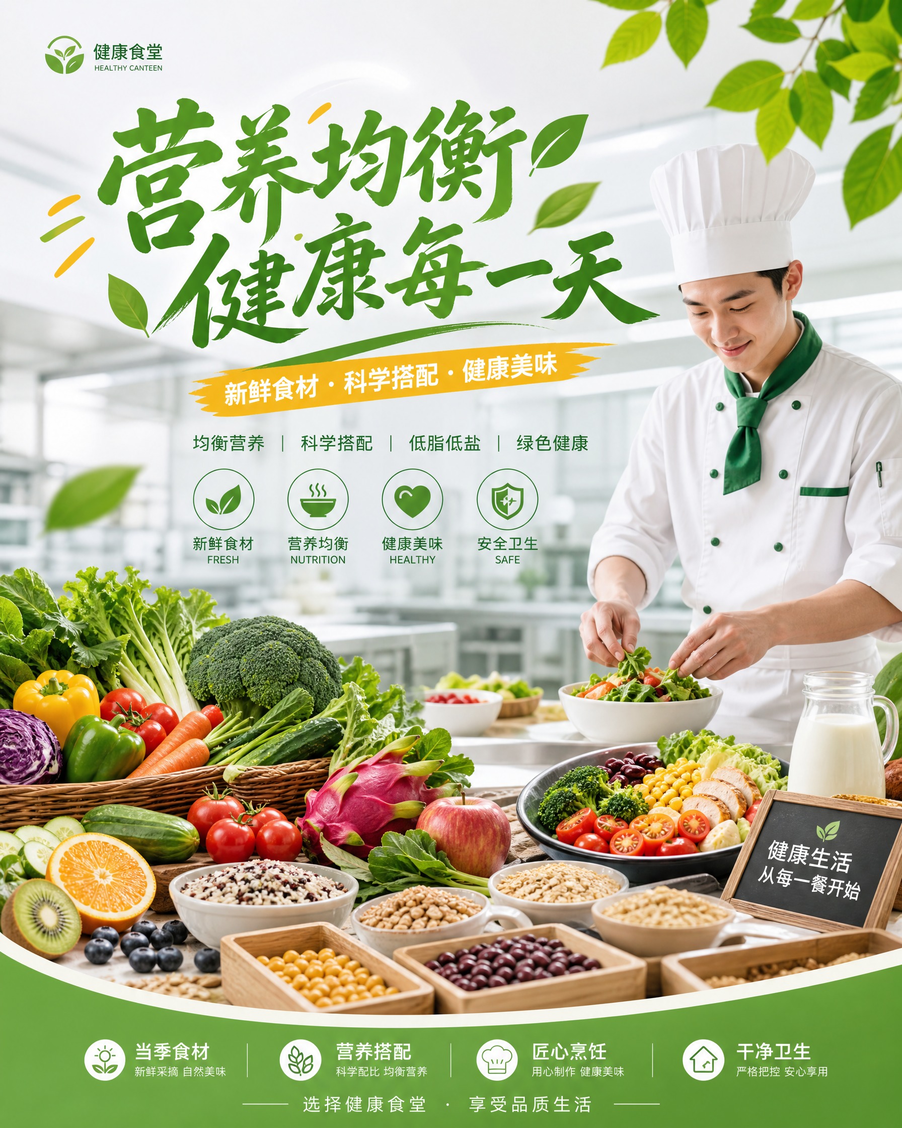 食堂宣传海报，竖版构图，绿色健康饮食主题，新鲜蔬菜水果谷物食材… - 图片创意预览