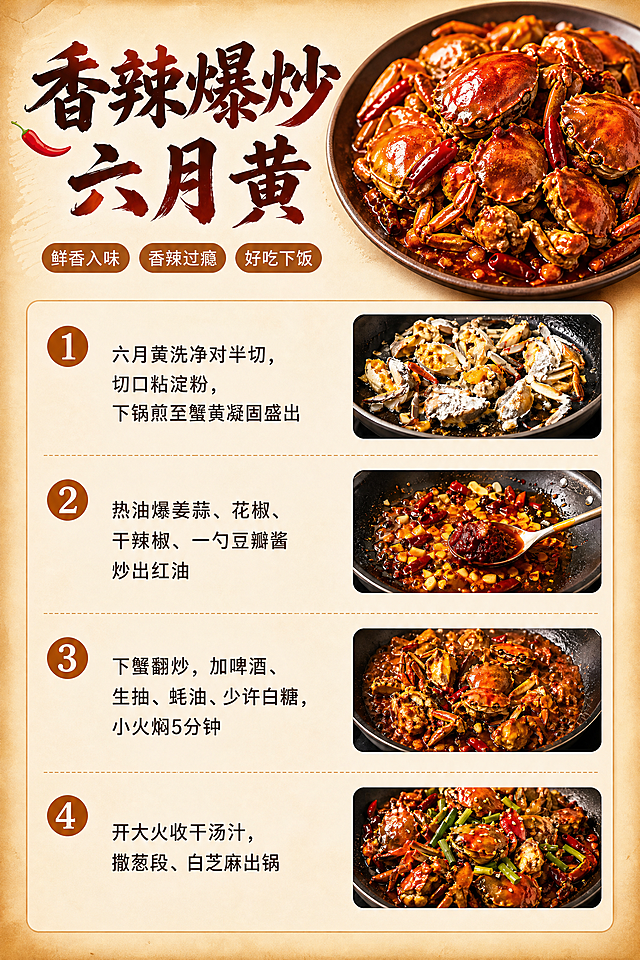 A4竖版美食做法海报，写实商业摄影风格，美味诱人。主标题文字为“香辣爆炒六月黄”放在顶部，右上方放置一张香辣蟹成品特写图片，色泽红亮油润，酱汁浓郁。下方分四个步骤纵向排列，每个步骤左侧为文字步骤说明，右侧搭配缩小版对应步骤的写实实拍小图：步骤1文字“六月黄洗净对半切，切口粘淀粉，下锅煎至蟹黄凝固盛出”；步骤2文字“热油爆姜蒜、花椒、干辣椒、一勺豆瓣酱炒出红油”；步骤3文字“下蟹翻炒，加啤酒、生抽、蚝油、少许白糖，小火焖5分钟”；步骤4文字“开大火收干汤汁，撒葱段、白芝麻出锅”。缩小每个步骤右侧的步骤图片尺寸，增加留白，让整体排版更协调宽松，文字间距更舒适，布局均匀不拥挤。整体暖光氛围，色泽诱人，排版分区清晰，文字清晰可读，版式精美，A4竖版比例，4K超高清。