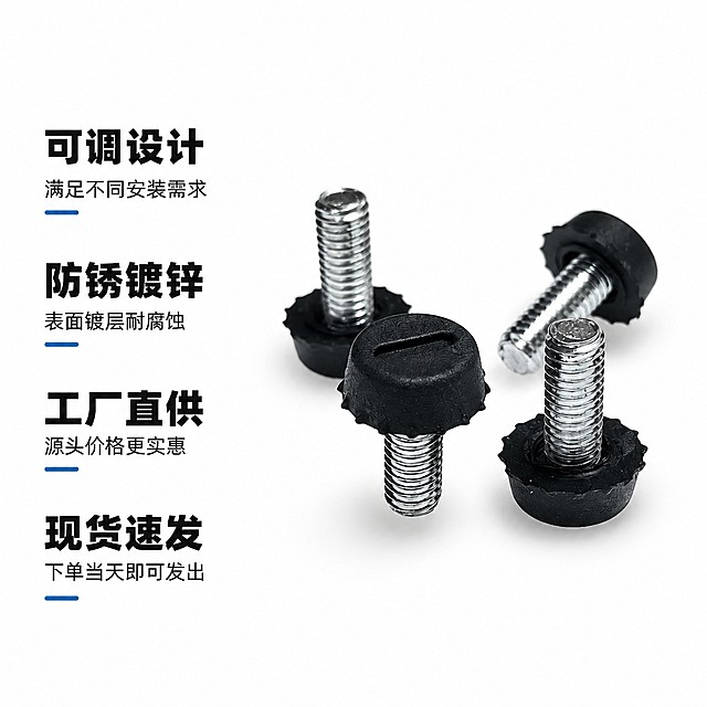 [主图-2] 一字可调螺丝核心卖点展示。氛围风格为规整清晰工业风，卖点突出易读，商业摄影质感，产品清晰真实，细节锐利，画面干净。主体产品放大偏右展示，保持产品外观结构材质颜色与原图一致，精细修图保留螺纹细节，金属质感干净。纯白背景，左侧留出卖点排版区域。均匀柔和布光，金属反光清晰，无过曝死黑，背景均匀无杂色。纯白背景，产品黑银本色，黑色文字信息，蓝色标签点缀。平视产品主体，景深适中，主体突出。左侧从上到下排列四个卖点，每个卖点大字关键词+小字说明：第一行 可调设计「满足不同安装需求」，第二行 防锈镀锌「表面镀层耐腐蚀」，第三行 工厂直供「源头价格更实惠」，第四行 现货速发「下单当天即可发出」，关键词加粗放大，说明缩小50%，左对齐排版，不遮挡产品。1:1比例，4k分辨率，文字清晰，超高清。负向提示词：变形，文字错乱，产品模糊，背景杂乱，水印，电商平台Logo。