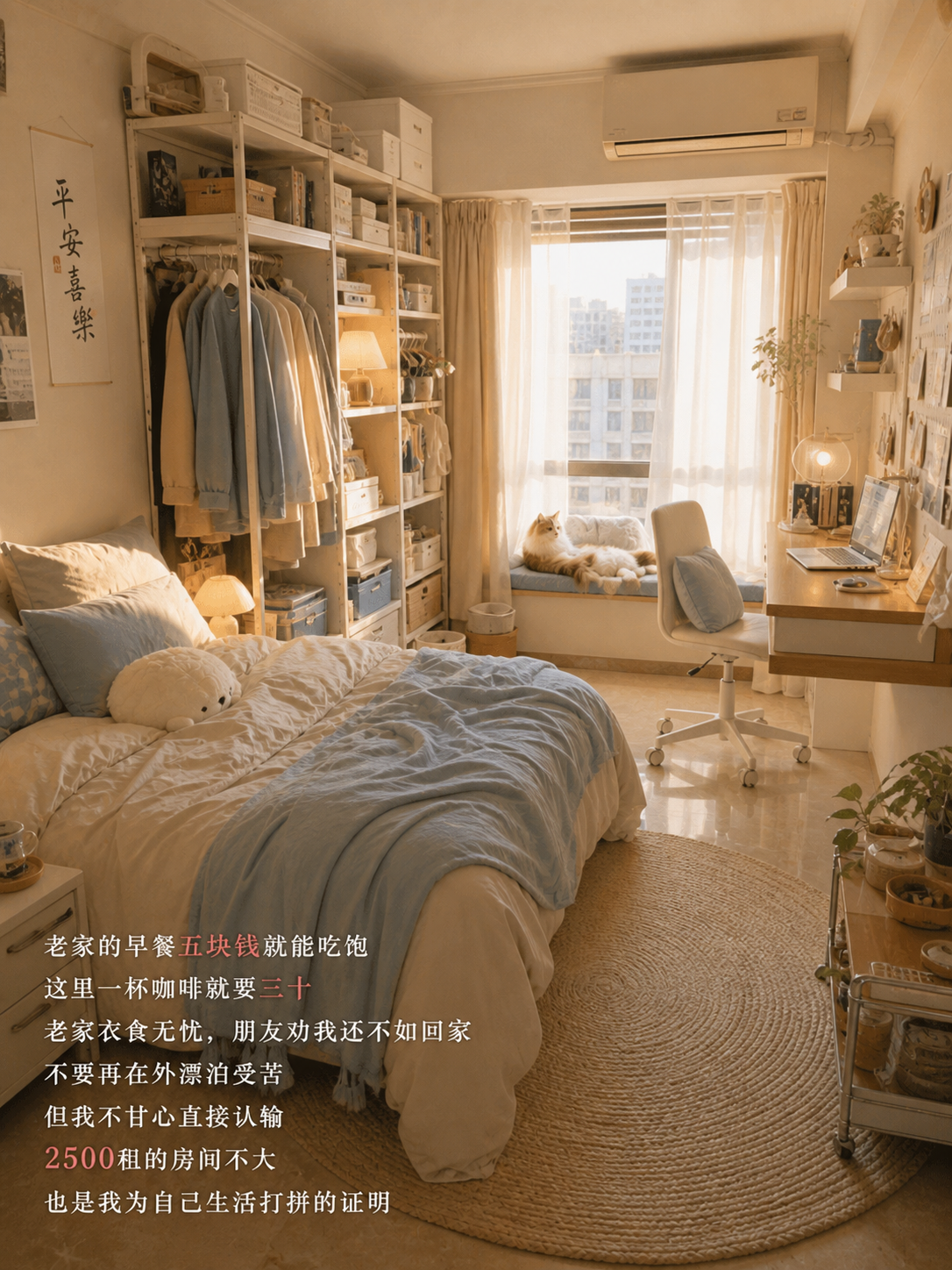 基于参考图的同色系配色（奶杏色墙面+雾霾蓝+奶白色软装+暖金色… - 图片创意预览