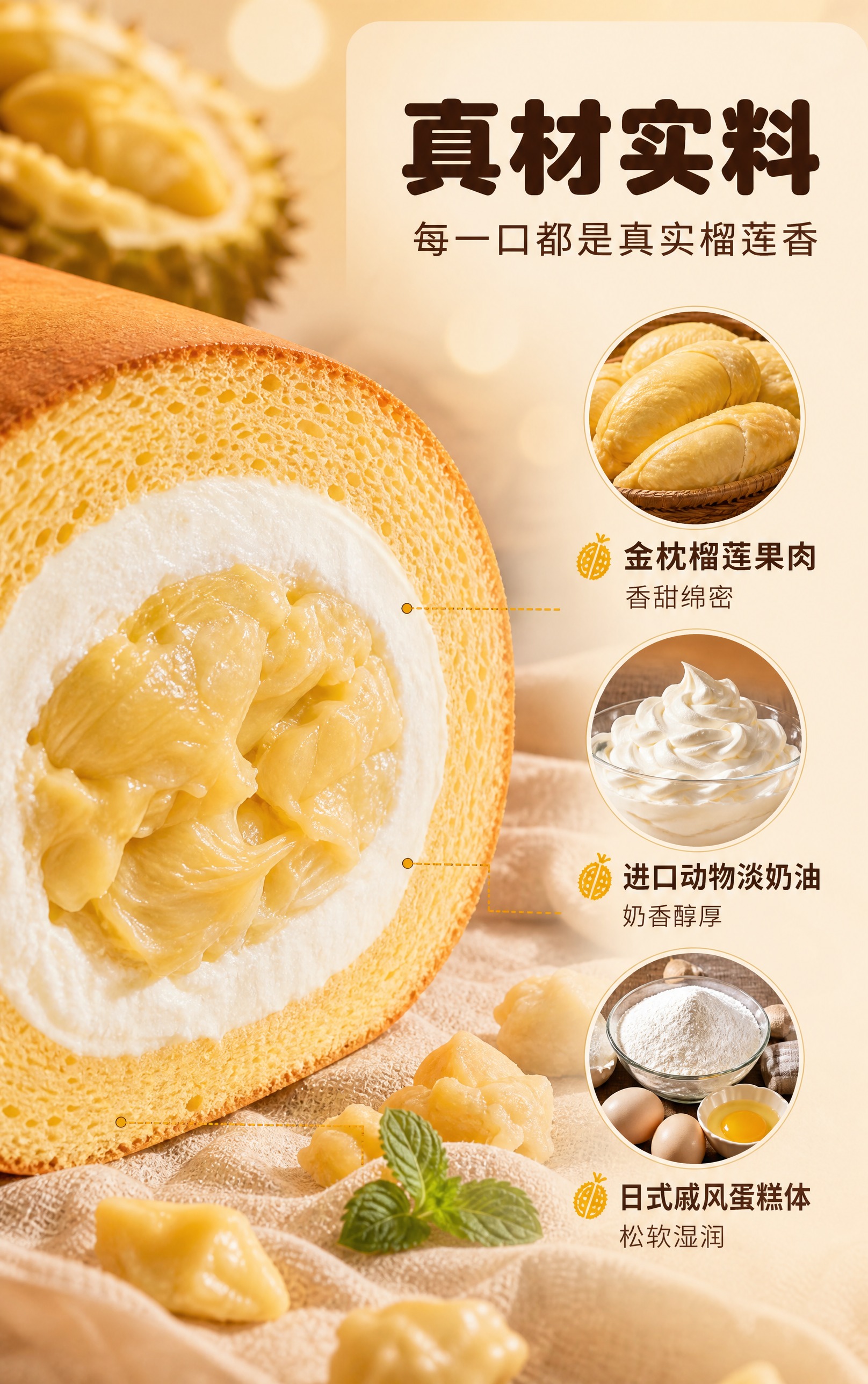 [商品] 使用【图1】榴莲蛋糕卷的切面部分；保留蛋糕体金黄颜色… - 图片创意预览