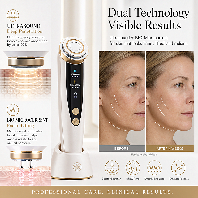 Ultrasound + BIO Microcurrent functions: Ultrasound boosts essence penetration; BIO Microcurrent relaxes facial muscles, lifts contours, before and after effect comparison, high-end European clinic aesthetic, 1:1 square 2048*2048 pixels, e-commerce main image