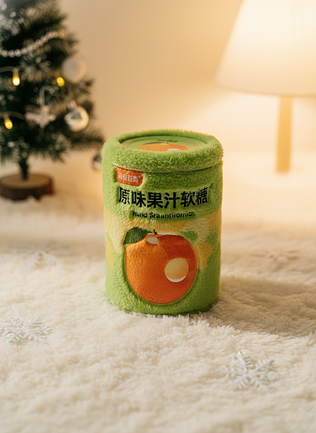 将图示商品变成毛绒绒质感，瓶身有精致刺绣文字与图案，还原商品颜色细节。放在米白色毛绒毯上（点缀雪花装饰），背景为台灯、积雪圣诞树摆件。